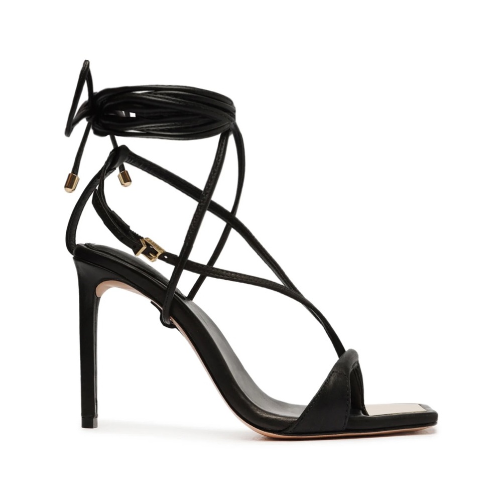 Schutz Vikki Leather Sandal, Wrap Heels in Black, W: 7